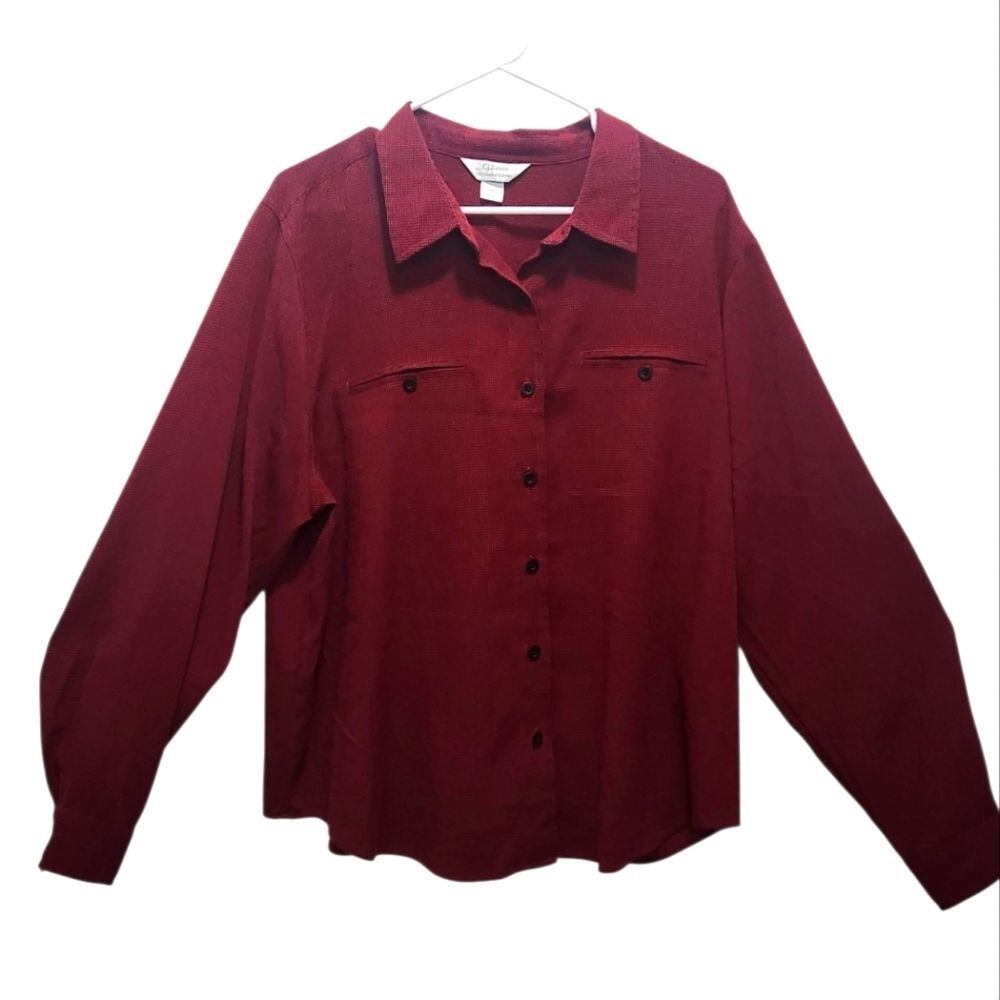 CJ Banks Red Black Windowpane Long Sleeve Button Up Blouse Plus Size 1X HolidayH